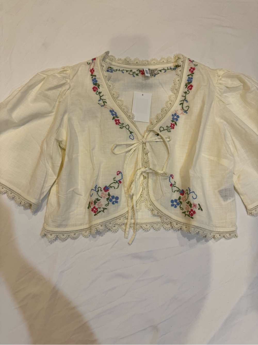 Women’s Cream Embroidered Tie-Front Top